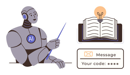 AI robot presenting ideas using pointer, open book with light bulb symbolizing knowledge, and secure message interface. Ideal for education, technology, innovation, coding, AI learning, security