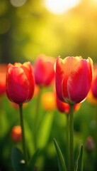 Vibrant tulips bursting forth in a lush green meadow, bathed in the warm glow of spring sunlight Perfect for springtime, Easter, nature, and renewal themes , optimistic, horticulture, botany
