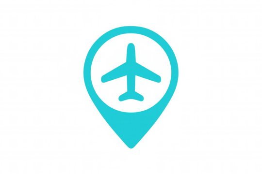 Airplane silhouette within light blue location pin, representing travel destination against transparent backdrop
