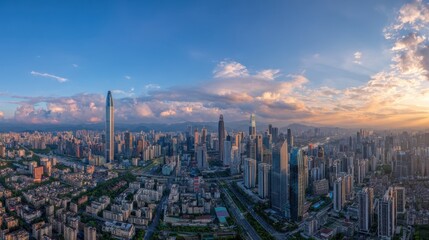 Fototapeta premium Stunning aerial view of a modern city skyline at sunset with vibrant clouds and ocean in the background.