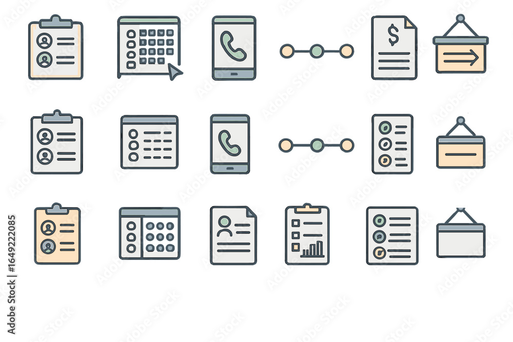 Poster collection of icons representing various business and communication activities for digital workflow 