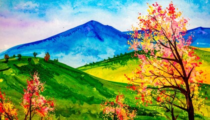 Obraz premium Watercolor Landscape Painting of Mountains, Trees, and Colorful Blossoms