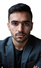 Fototapeta premium A Middle Eastern man with sharp features, his confident gaze framed by radiant lines of light, symbolizing authority, strategic thinking