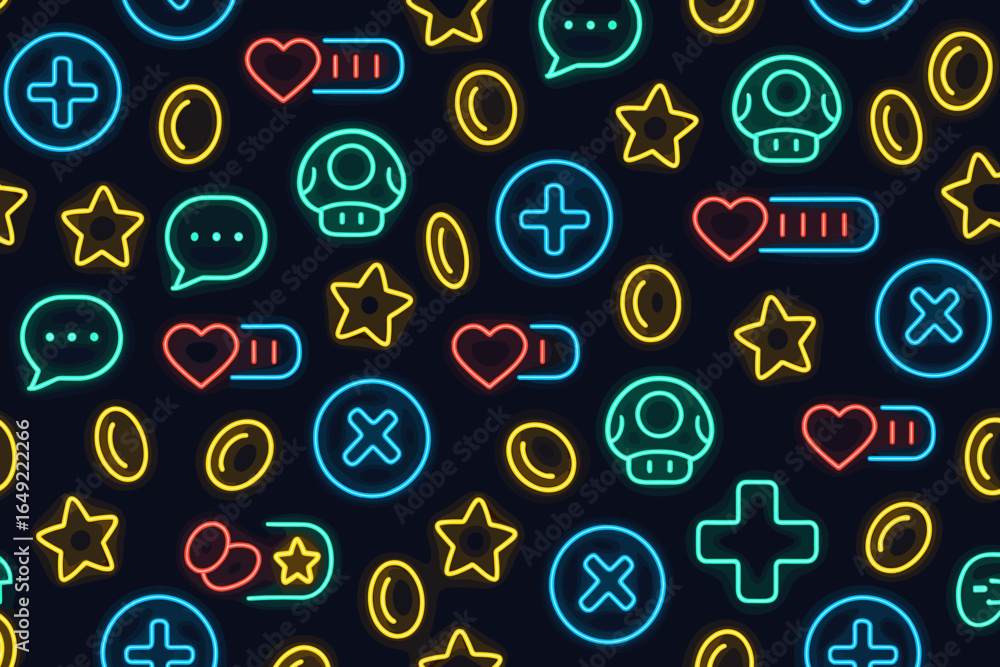 Poster Neon icons representing gaming elements in a vibrant and playful pattern on a dark background