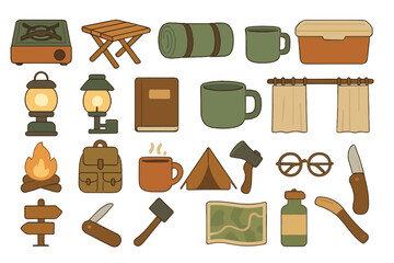 Camping essentials including gear, tools, and items for outdoor adventures in nature