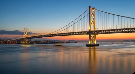 Naklejka premium Kashi Kaikyo Bridge Illuminating the Evening Sky, Connecting Kobe and Awaji Island with Reflections on the Water