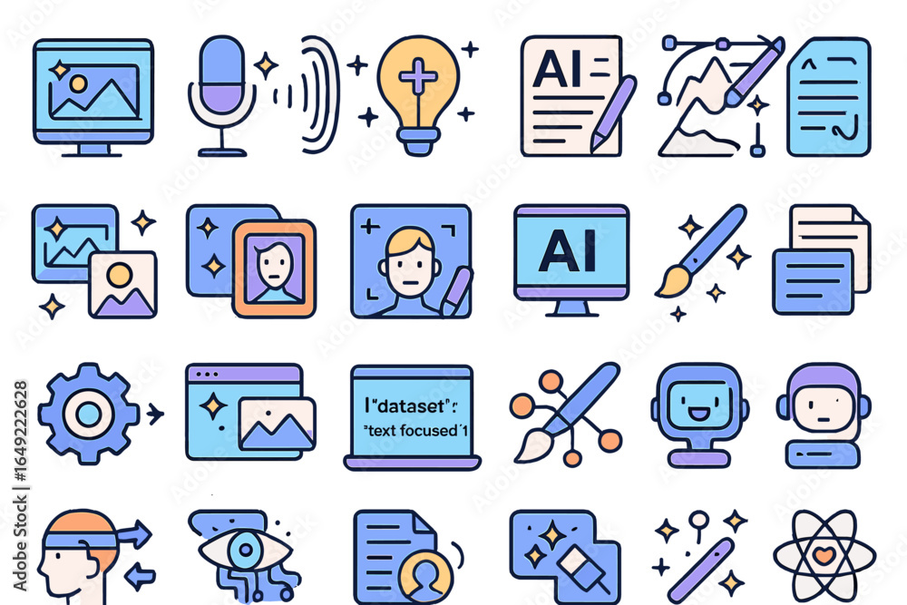 Poster collection of colorful icons representing technology, data analysis, and artificial intelligence con