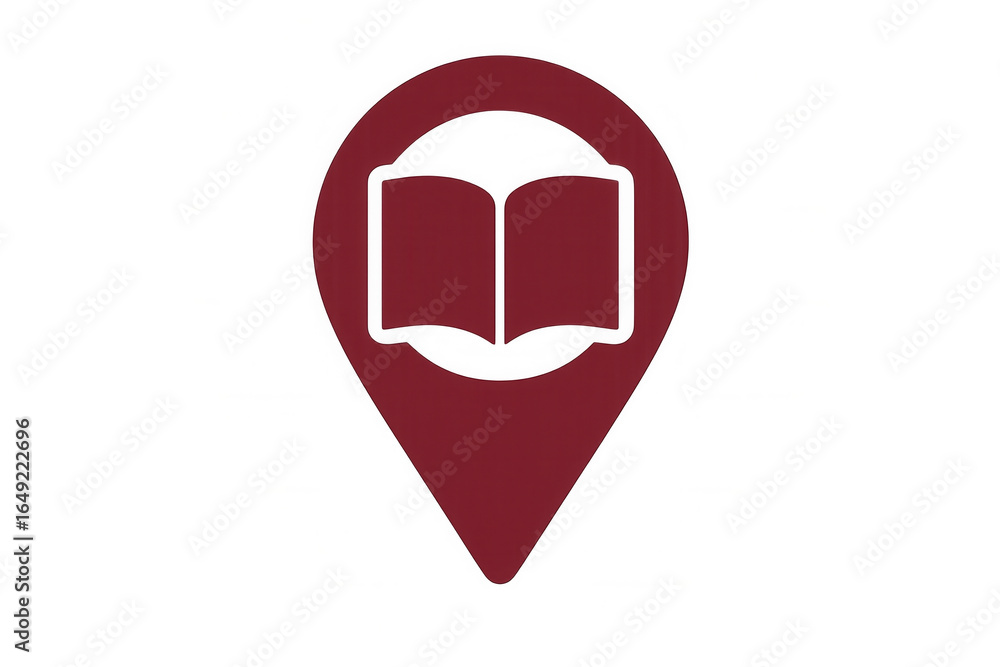 Poster red map pointer icon showing open book symbol, marking library or bookstore location, featuring tran