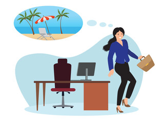 woman runs away from office with dreams vacation office interior dreaming character about summer beach vacation woman thought bubble cartoon illustration concept