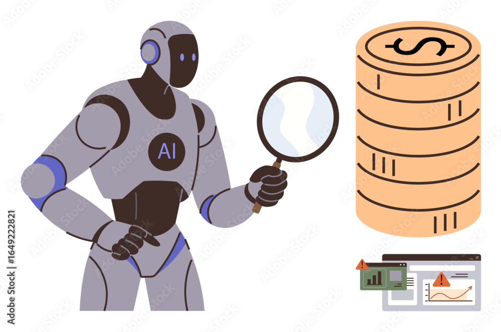 Aufkleber ai robot holds magnifying glass near coin stack symbolizing finance. displays graphical statistics a