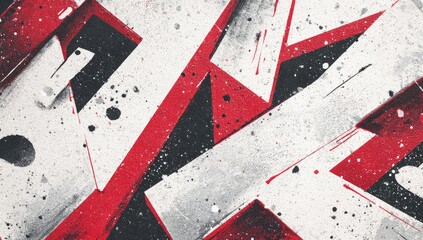 Abstract graphic design with overlapping, bold shapes in red, white, and black