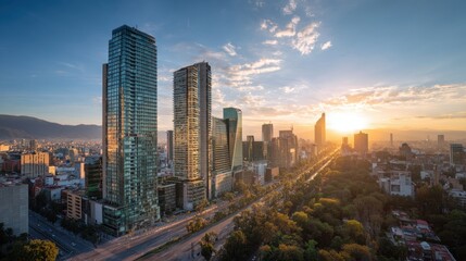 Stunning sunset view over a bustling urban skyline with modern skyscrapers.