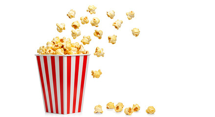 bucket of popcorn, Popcorn flying out of red white striped paper box isolated on white, transparent background, PNG, with copy space. Splash, levitation of popcorn grains., box of popcorn