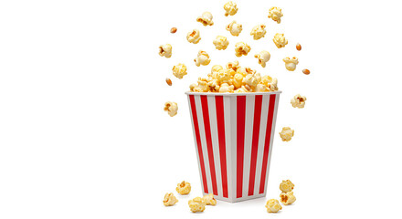 bucket of popcorn, Popcorn flying out of red white striped paper box isolated on white, transparent background, PNG, with copy space. Splash, levitation of popcorn grains., box of popcorn