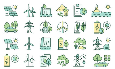 Renewable energy icons illustrating solar, wind, and hydro power sources in a grid layout