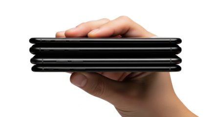 A person's hand holding a horizontal stack of four black modern smartphones against a white background.