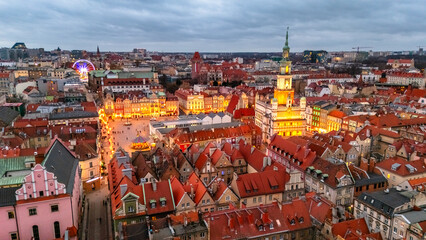 evening view of central square of poznan in winter at sunset