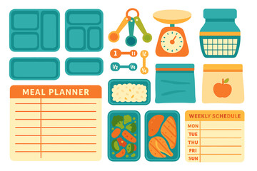 Meal planning tools layout featuring containers, labels, and measurements for organized meal preparation and scheduling