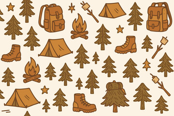 Seamless camping pattern featuring illustrated tents, campfires, pine trees, hiking boots, backpacks, stars, and marshmallows on sticks in earthy brown and green tones on a cream background