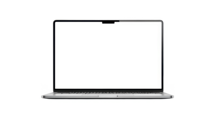 A modern laptop with a blank white screen and a camera notch, isolated on a white background.