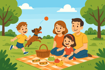 Illustration of happy family picnic in park with parents, children, dog playing fetch, picnic basket, and food on blanket