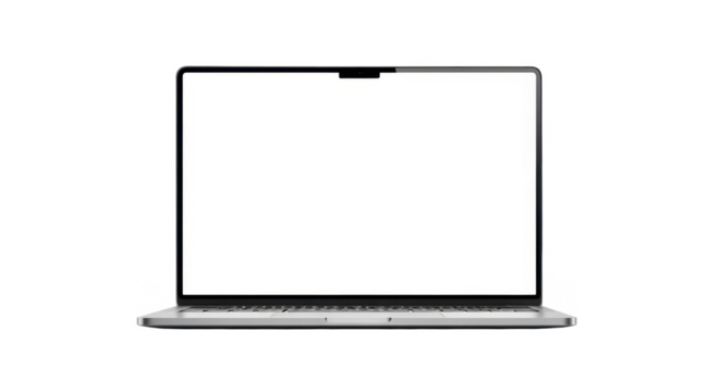 A modern laptop with a blank white screen and a camera notch, isolated on a white background. - Powered by Adobe