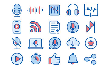 Fototapeta premium Podcast and audio media icons set with microphone, headphones, sound wave, music controls, file download, share, play button, notification, and social media symbols on blue background