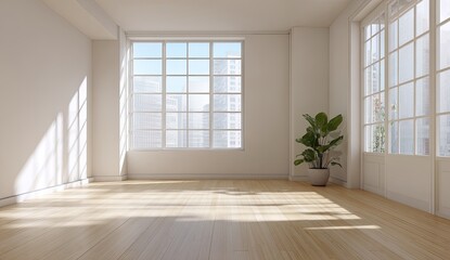 Obraz premium Empty, bright room with large window. Sunlight streams in, highlighting hardwood floors. White walls and trim. Modern minimalist style