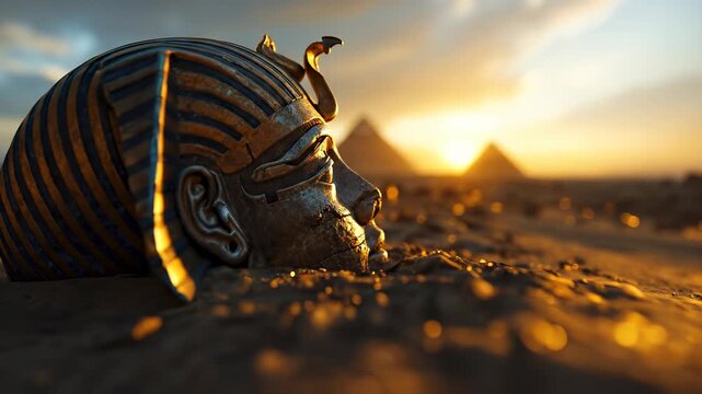 Pharaoh's mask in the desert with pyramids at sunset. A detailed close-up evoking ancient mysteries. Egyptian heritage, archaeological site, golden era.