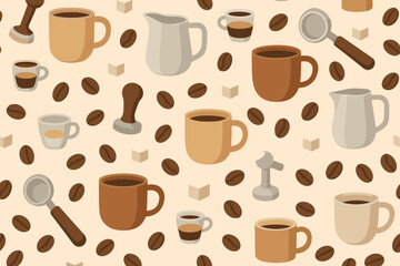 Obraz premium Background pattern featuring coffee cups and brewing tools on a light surface