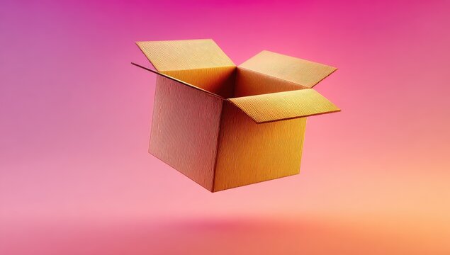 Open cardboard box, floating, vibrant gradient background