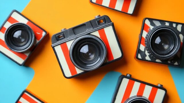 Retro cameras spread on a colorful background, close-up view