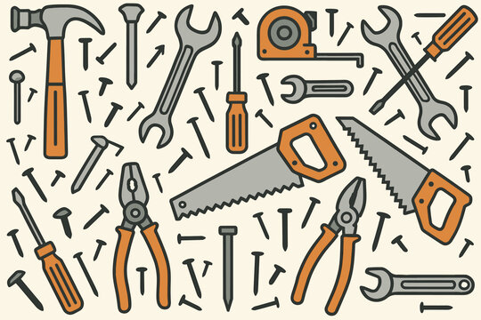 Tools and hardware scattered on a light background create an engaging pattern for DIY enthusiasts and professionals alike
