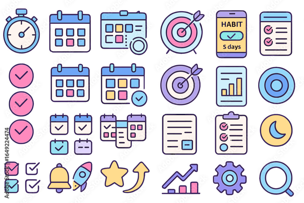 Poster various colored icons representing time management, organization, and productivity tools in a clean 