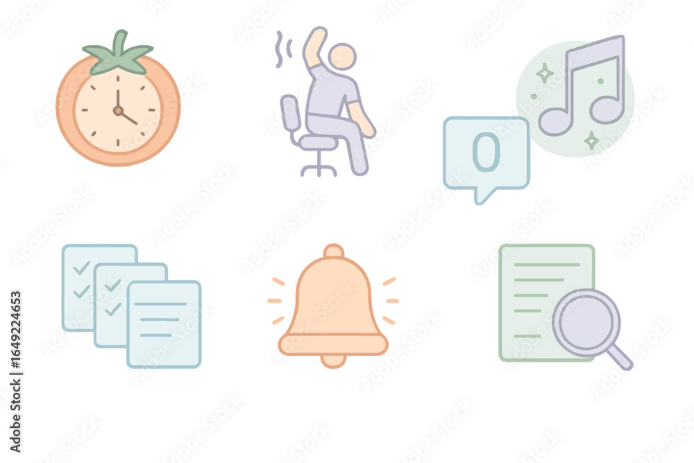 Poster timer, relaxation, notification, and productivity symbols in an organized layout for efficient work 