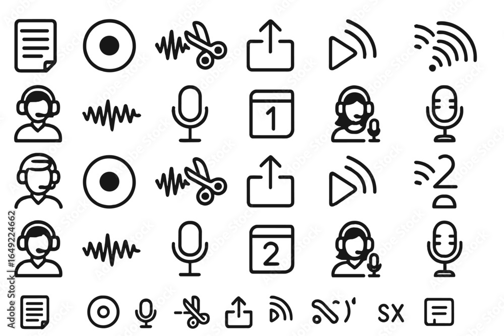 Poster various audio and video editing icons representing diverse functions for content creation on digital