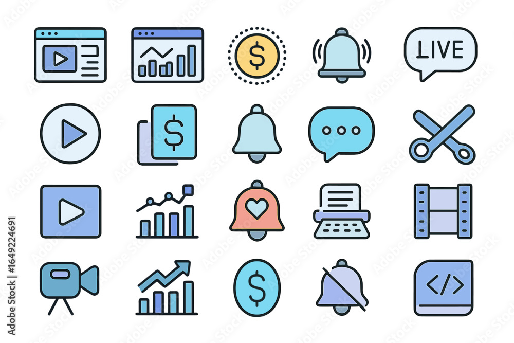 Poster illustrative icons of digital media, finance, and notifications arranged in a grid pattern on a whit