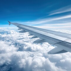 Fototapeta premium Aerial view of an airplane wing soaring above fluffy clouds under a bright blue sky, capturing the essence of travel and adventure.