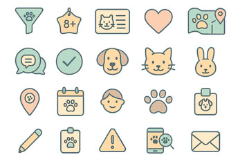 Icons representing pet care services and activities on a digital interface showcasing various pet-related symbols