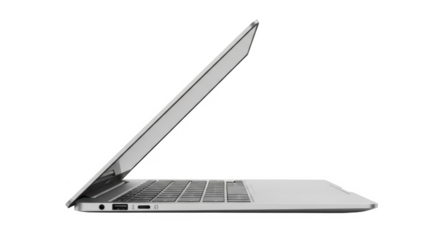 Side view of a modern silver laptop, screen open, isolated on white background.