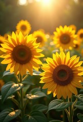 Fototapeta premium vibrant sunflowers bathed soft natural light exuding warmth cheerfulness lush greenery, petal, blooming, wildflower, garden, landscape, nature, flora