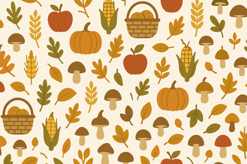 Colorful autumn pattern featuring pumpkins, baskets, leaves, and mushrooms in a warm color palette on a light background