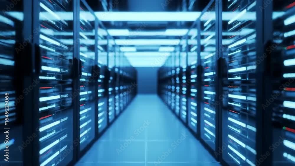 Poster futuristic perspective view down a data center aisle with glowing blue server racks for cloud comput