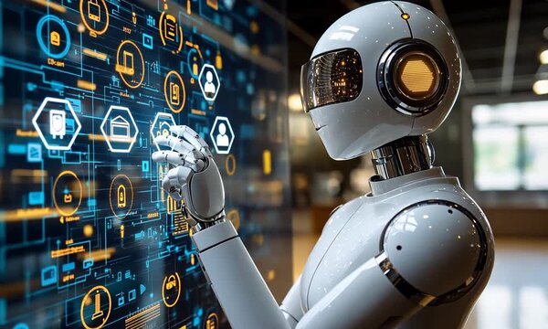 Robot interacts with digital interface, showcasing futuristic technology