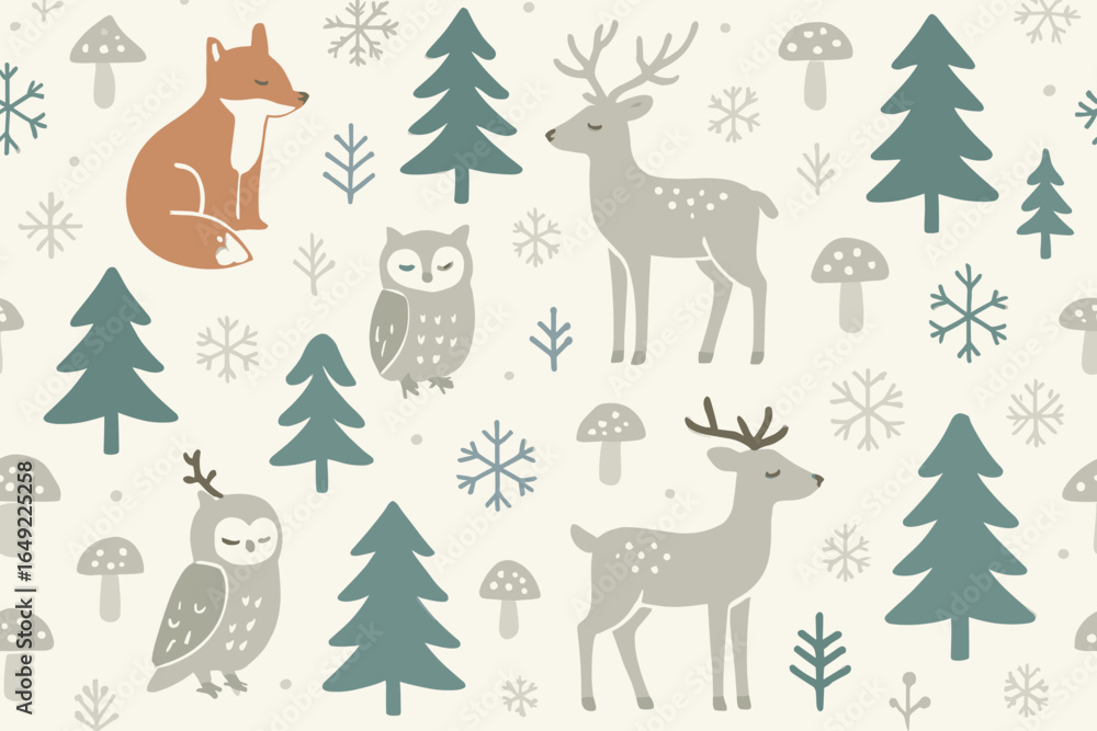 Poster colorful woodland creatures and trees create a whimsical forest pattern in a playful design