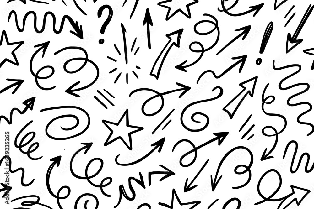 Poster unique pattern of hand-drawn arrows, stars, and swirls creating a fun and dynamic backdrop design fo