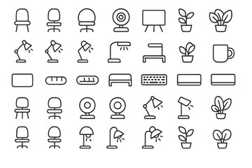 Line drawings of various furniture and decor items arranged in a grid format for interior design inspiration