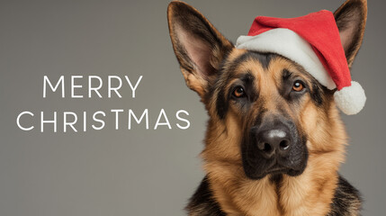 text " Merry Christmas" , Cute german shepherd dog with santa hat on simple but festive background, christmas greeting card. Beautiful dog with santa hat, greeting card.