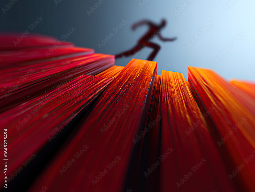 Poster silhouette of person running is depicted against vibrant abstract background of red and orange bars,