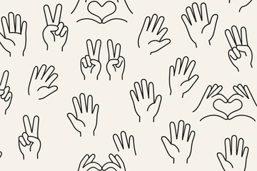 Fototapeta premium Hand gestures conveying love and peace represented in a minimalist pattern on a light background